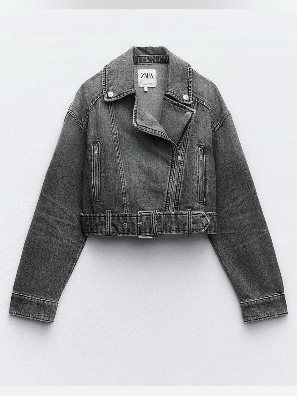 Zara Cropped Denim Biker Jacket in Charcoal Gray